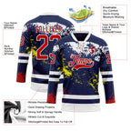 Custom Navy Red Yellow-White 3D Pattern Abstract Splatter Paint Hockey Lace Neck Jersey