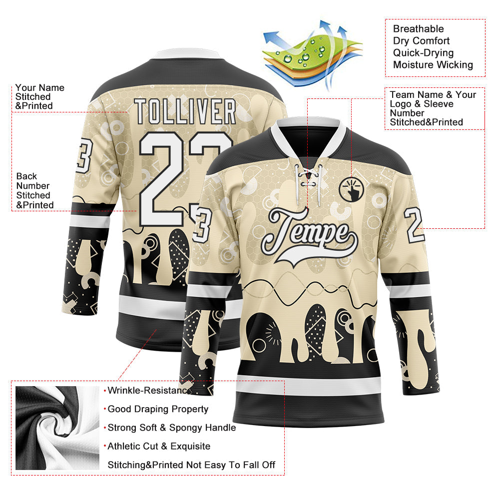 Custom City Cream White-Black 3D Pattern Abstract Splatter Paint Hockey Lace Neck Jersey