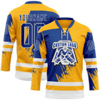 Custom Gold Royal-White 3D Pattern Abstract Splatter Paint Hockey Lace Neck Jersey