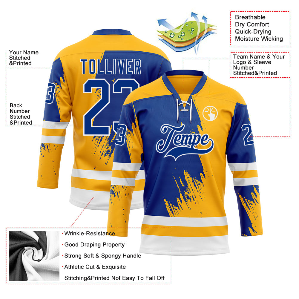 Custom Gold Royal-White 3D Pattern Abstract Splatter Paint Hockey Lace Neck Jersey