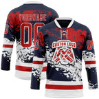 Custom Navy Red-White 3D Pattern Abstract Splatter Paint Hockey Lace Neck Jersey