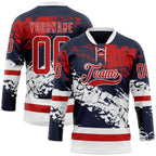 Custom Navy Red-White 3D Pattern Abstract Splatter Paint Hockey Lace Neck Jersey