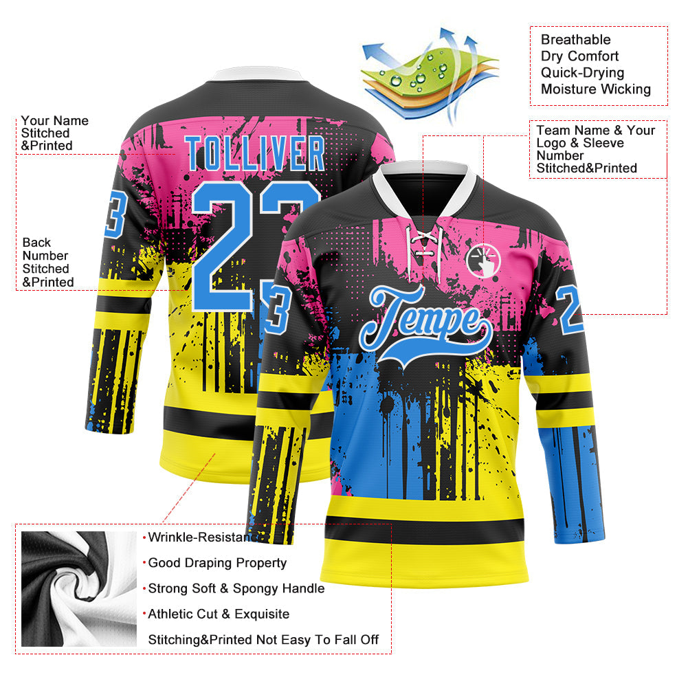 Custom Black Powder Blue Pink Yellow-White 3D Pattern Abstract Splatter Paint Hockey Lace Neck Jersey