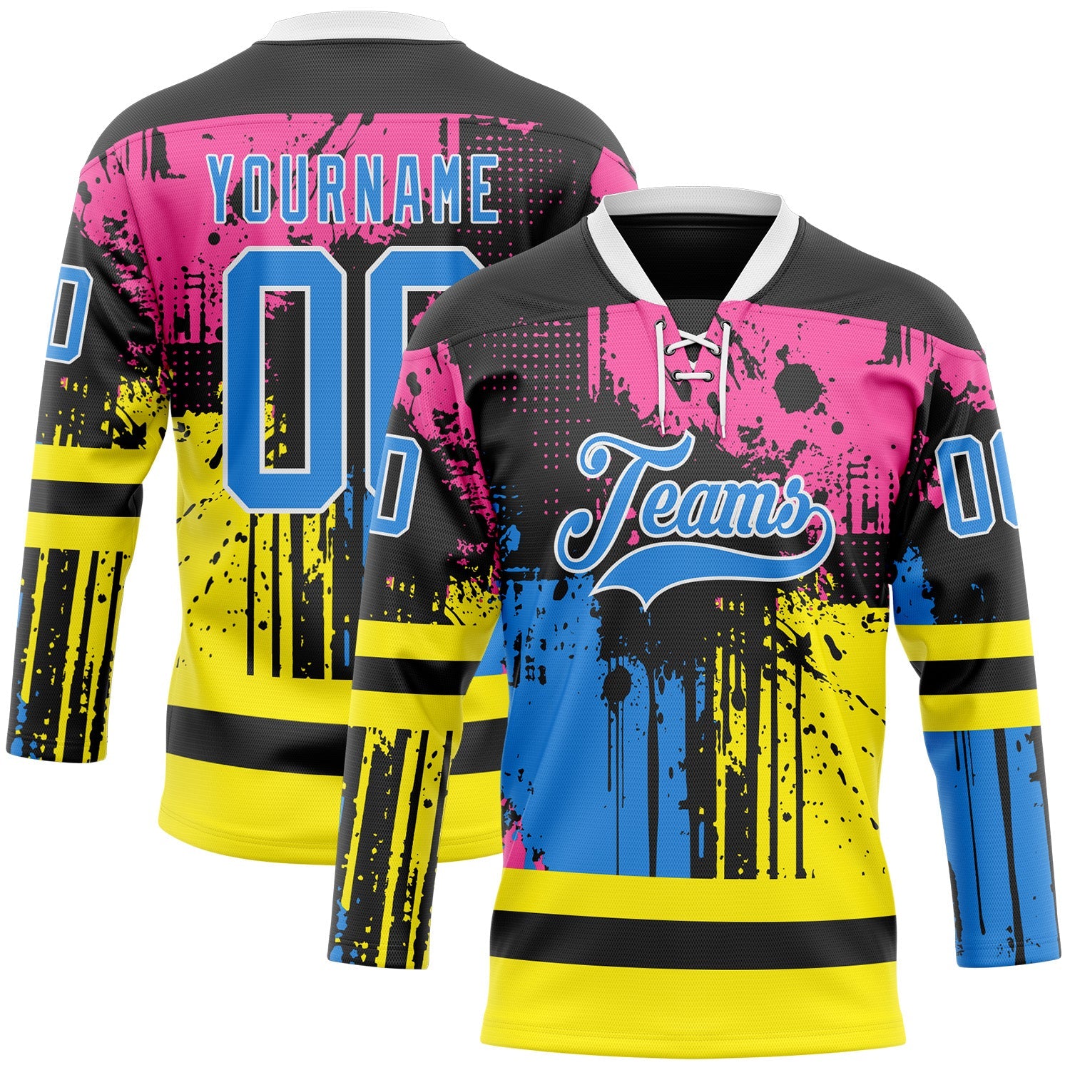 Custom Black Powder Blue Pink Yellow-White 3D Pattern Abstract Splatter Paint Hockey Lace Neck Jersey