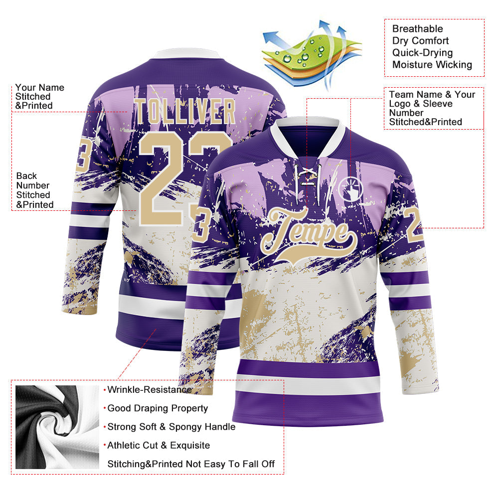 Custom Purple Vegas Gold-White 3D Pattern Abstract Splatter Paint Hockey Lace Neck Jersey
