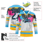 Custom White Black Sky Blue Pink-Gold 3D Pattern Abstract Splatter Paint Hockey Lace Neck Jersey