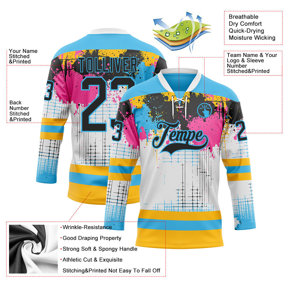 Custom White Black Sky Blue Pink-Gold 3D Pattern Abstract Splatter Paint Hockey Lace Neck Jersey