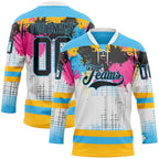 Custom White Black Sky Blue Pink-Gold 3D Pattern Abstract Splatter Paint Hockey Lace Neck Jersey