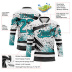 Custom White Teal-Black 3D Pattern Abstract Splatter Paint Hockey Lace Neck Jersey
