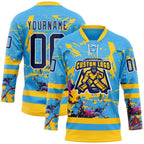 Custom Sky Blue Navy Yellow Red-White 3D Pattern Abstract Splatter Paint Hockey Lace Neck Jersey