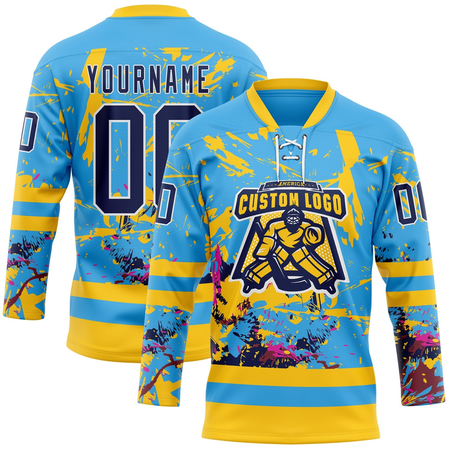 Custom Sky Blue Navy Yellow Red-White 3D Pattern Abstract Splatter Paint Hockey Lace Neck Jersey