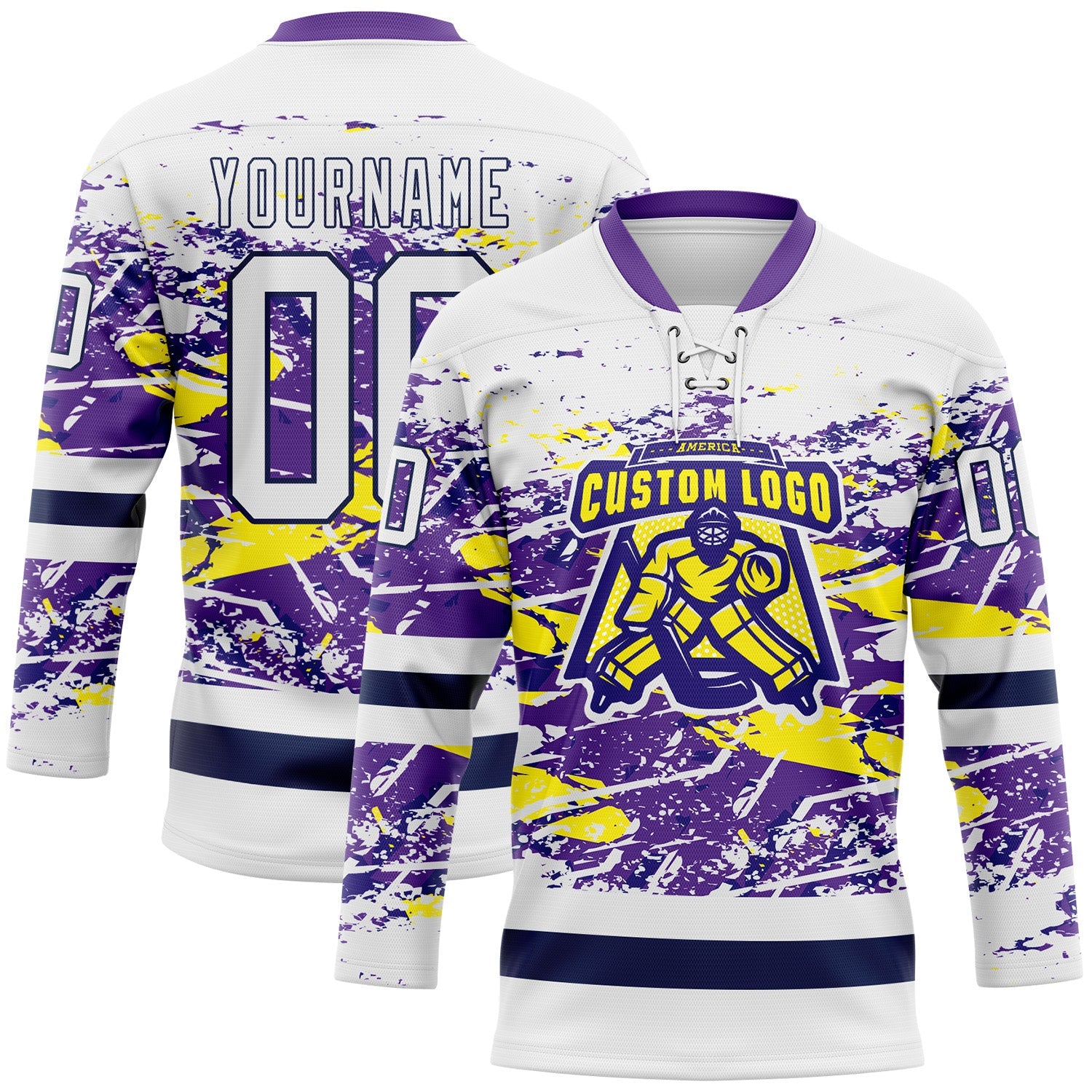 Custom White Purple Yellow-Navy 3D Pattern Abstract Splatter Paint Grunge Hockey Lace Neck Jersey