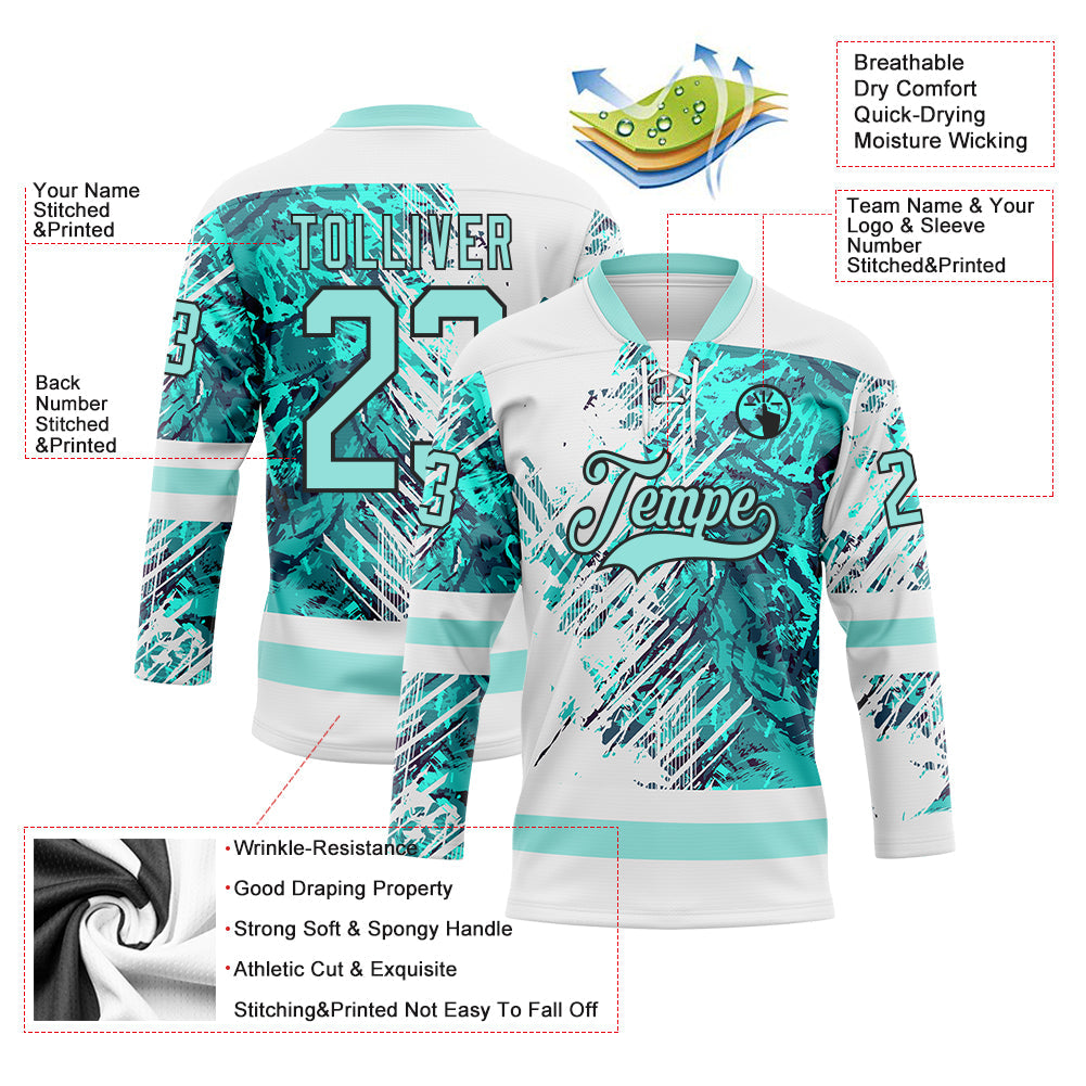 Custom White Ice Blue-Black 3D Pattern Abstract Splatter Paint Hockey Lace Neck Jersey