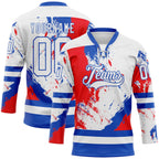 Custom White Thunder Blue-Red 3D Pattern Abstract Splatter Paint Hockey Lace Neck Jersey