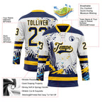 Custom White Navy-Yellow 3D Pattern Abstract Splatter Paint Hockey Lace Neck Jersey