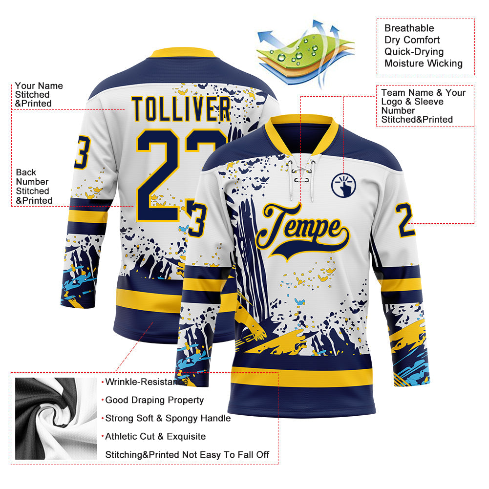 Custom White Navy-Yellow 3D Pattern Abstract Splatter Paint Hockey Lace Neck Jersey