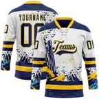 Custom White Navy-Yellow 3D Pattern Abstract Splatter Paint Hockey Lace Neck Jersey
