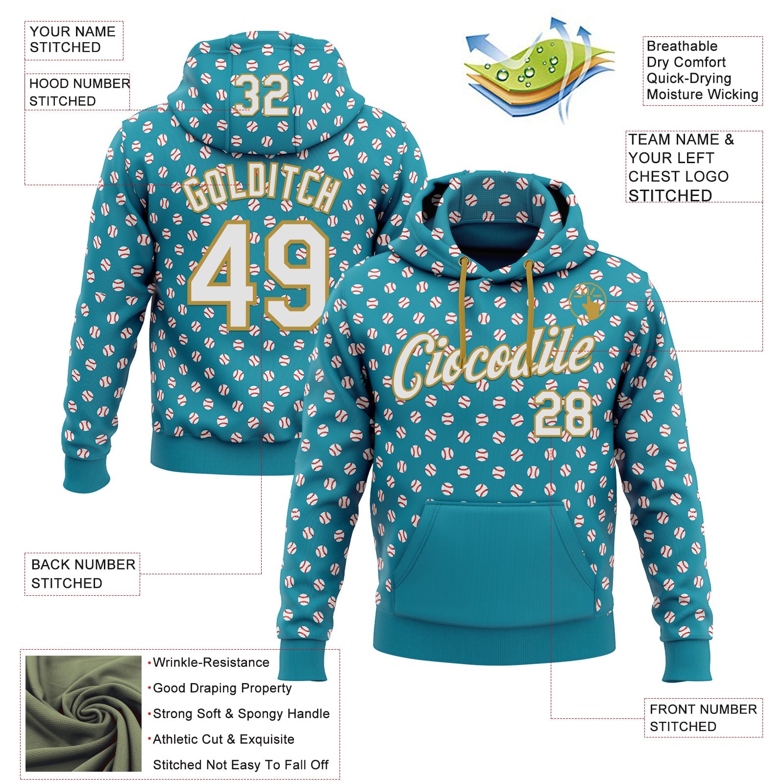 Custom Stitched Teal White-Old Gold 3D Pattern Design Baseball Game Day Jacksonville Inspired Sports Pullover Sweatshirt Hoodie