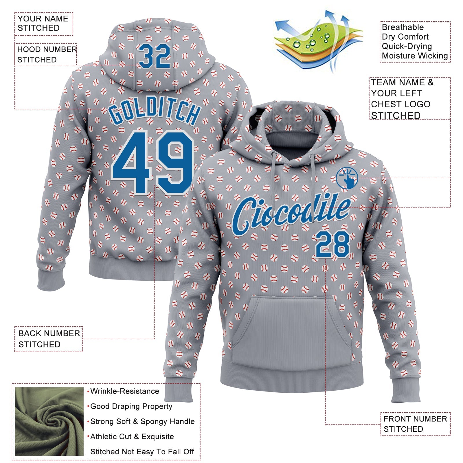 Custom Stitched Gray Blue-White 3D Pattern Design Baseball Game Day Detroit Inspired Sports Pullover Sweatshirt Hoodie