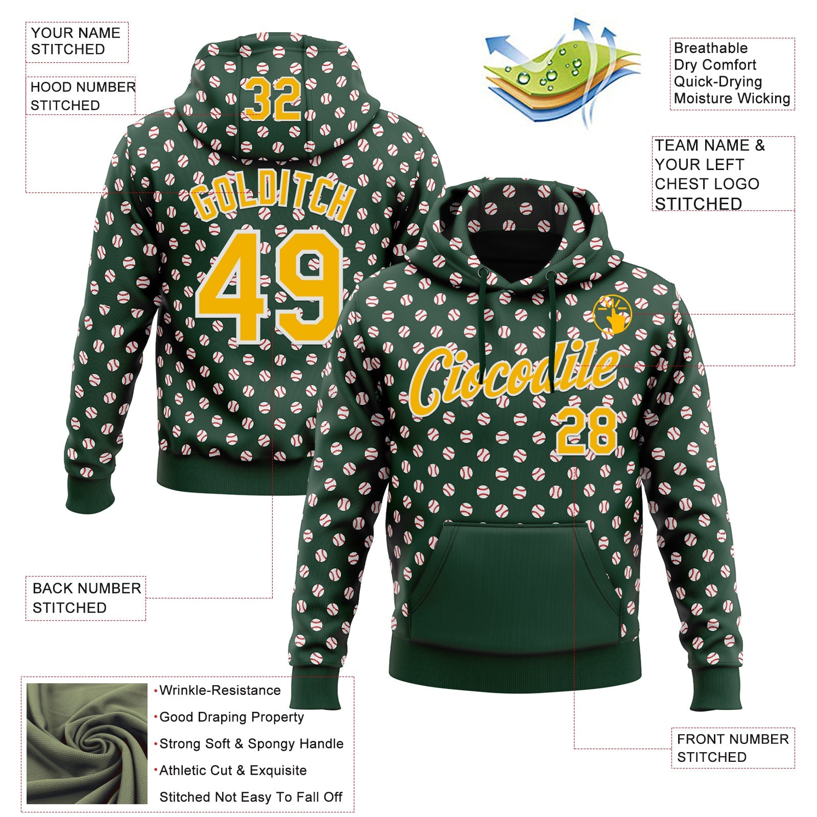 Custom Stitched Green Gold-White 3D Pattern Design Baseball Game Day Green Bay Inspired Sports Pullover Sweatshirt Hoodie