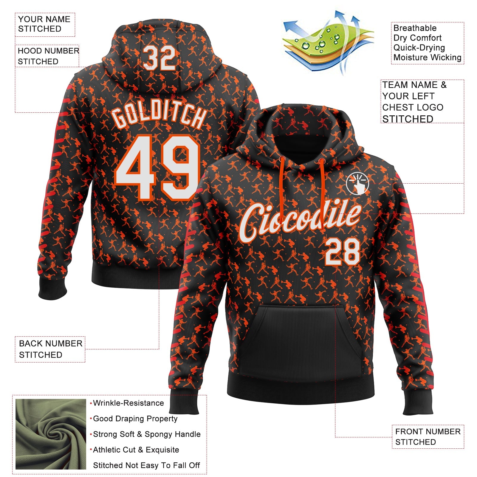 Custom Stitched Black White Orange-Red 3D Pattern Design Baseball Game Day Cincinnati Inspired Sports Pullover Sweatshirt Hoodie