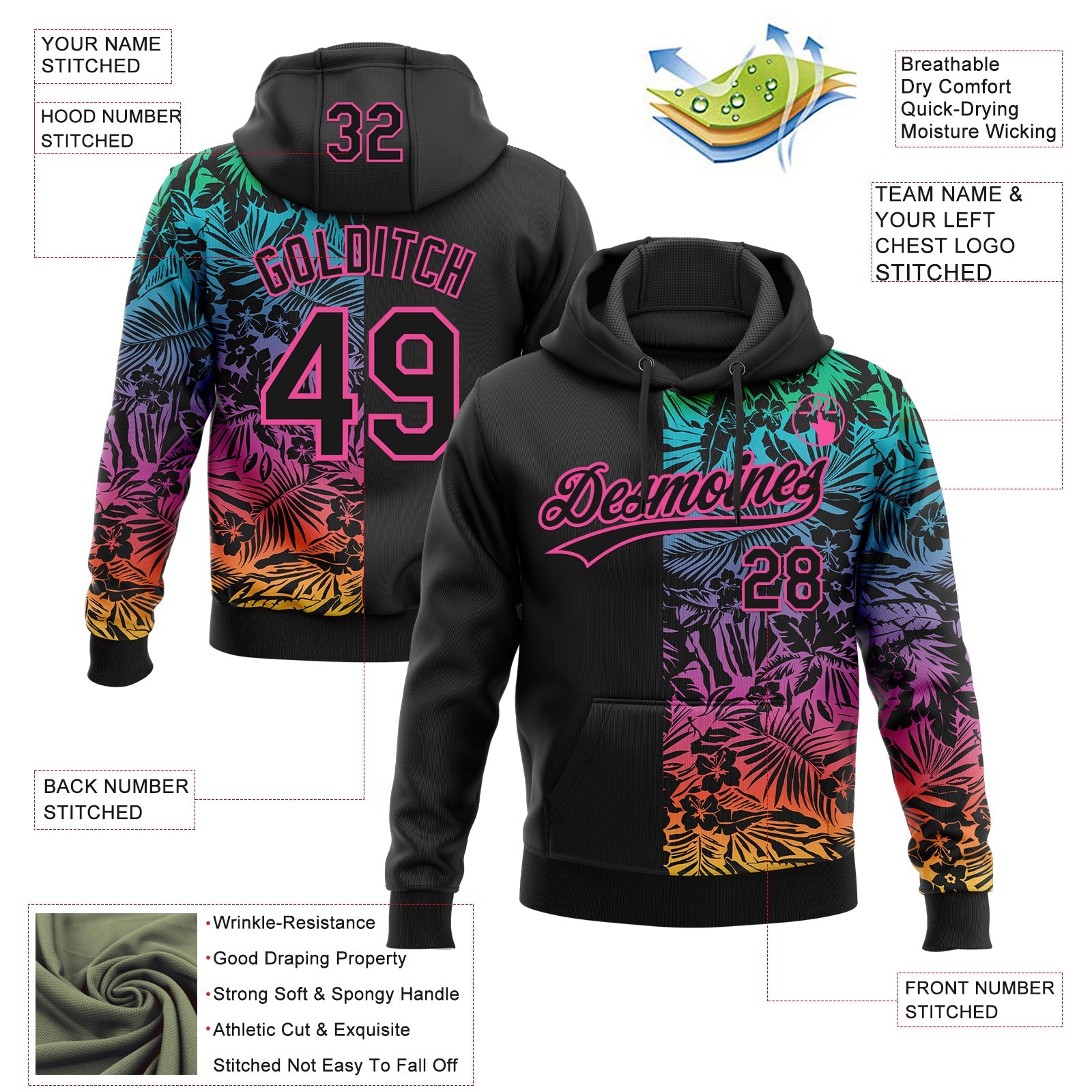 Custom Stitched Black Pink 3D Tropical Hawaii Palm Leaves Sports Pullover Sweatshirt Hoodie