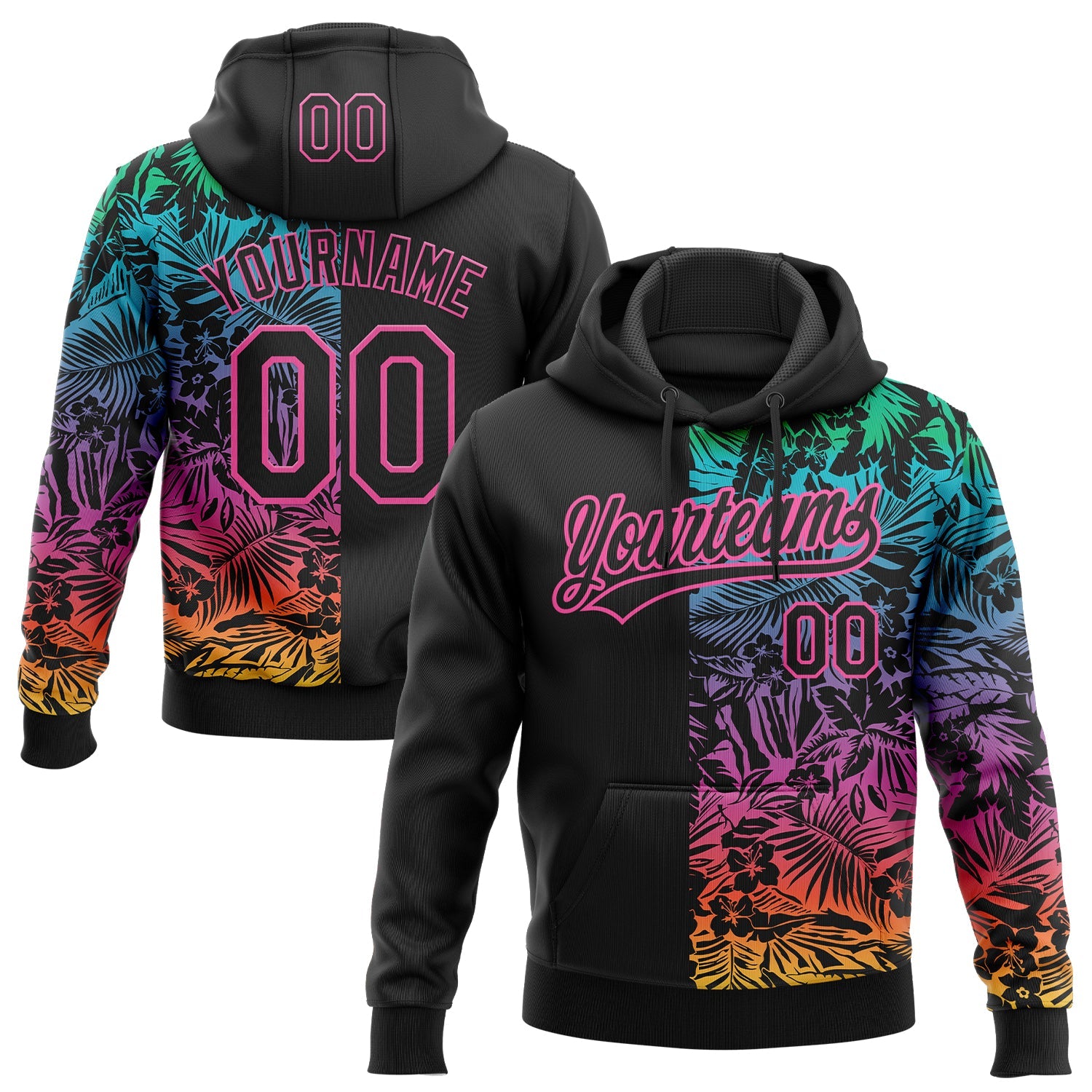 Custom Stitched Black Pink 3D Tropical Hawaii Palm Leaves Sports Pullover Sweatshirt Hoodie