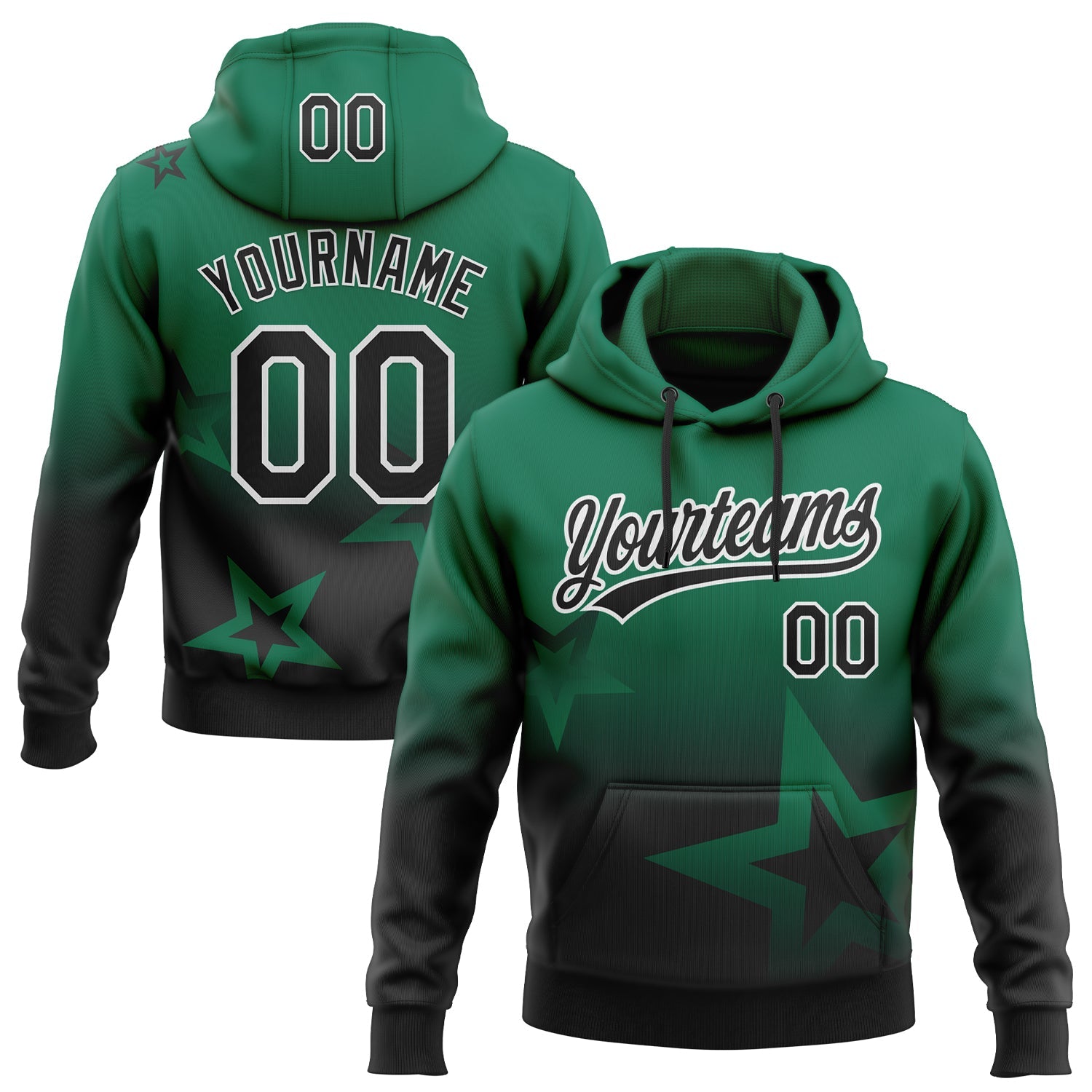 Custom Stitched Kelly Green Black-White 3D Gradient Style Twinkle Star Sports Pullover Sweatshirt Hoodie