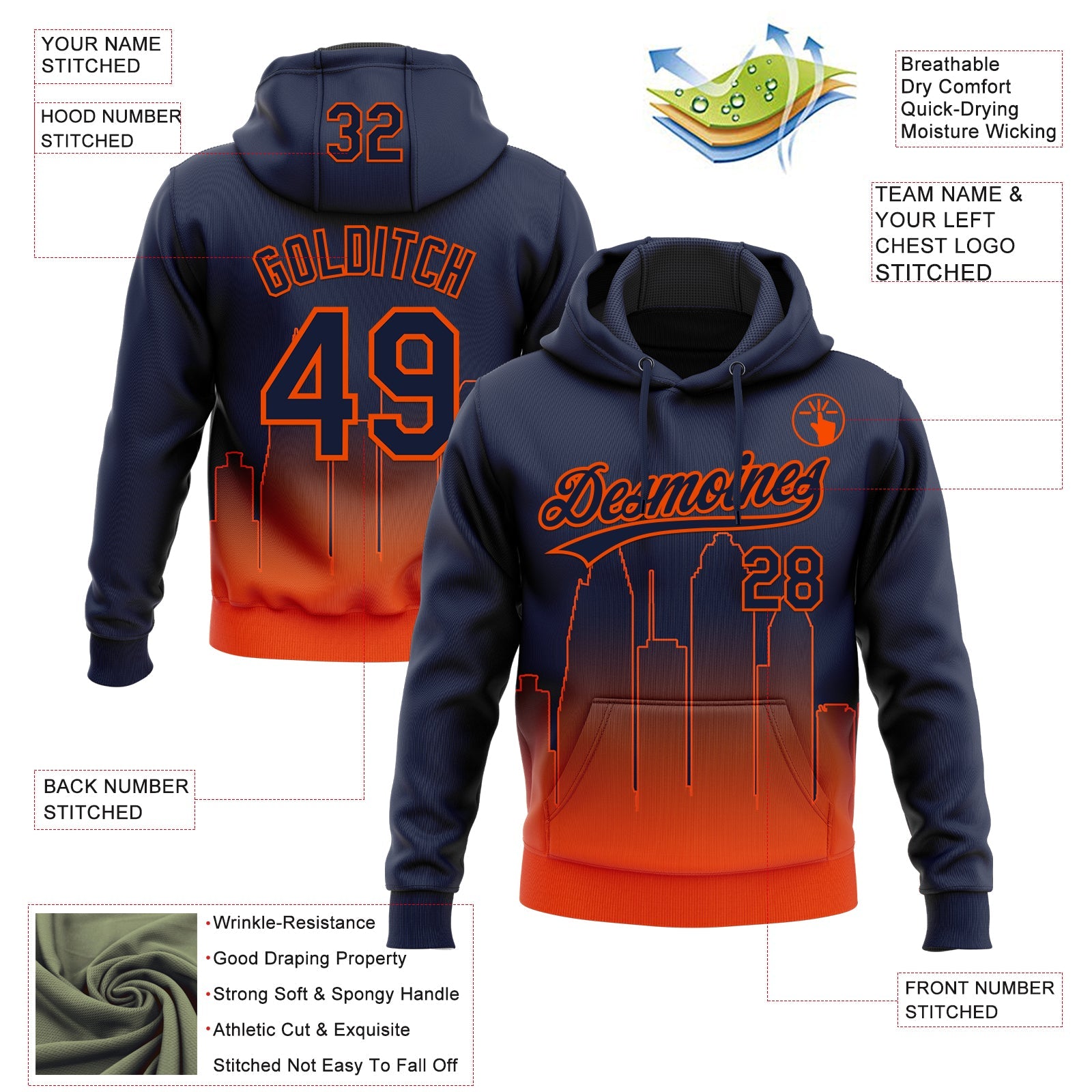 Custom Stitched Navy Orange 3D Gradient Fashion Houston City Edition Sports Pullover Sweatshirt Hoodie