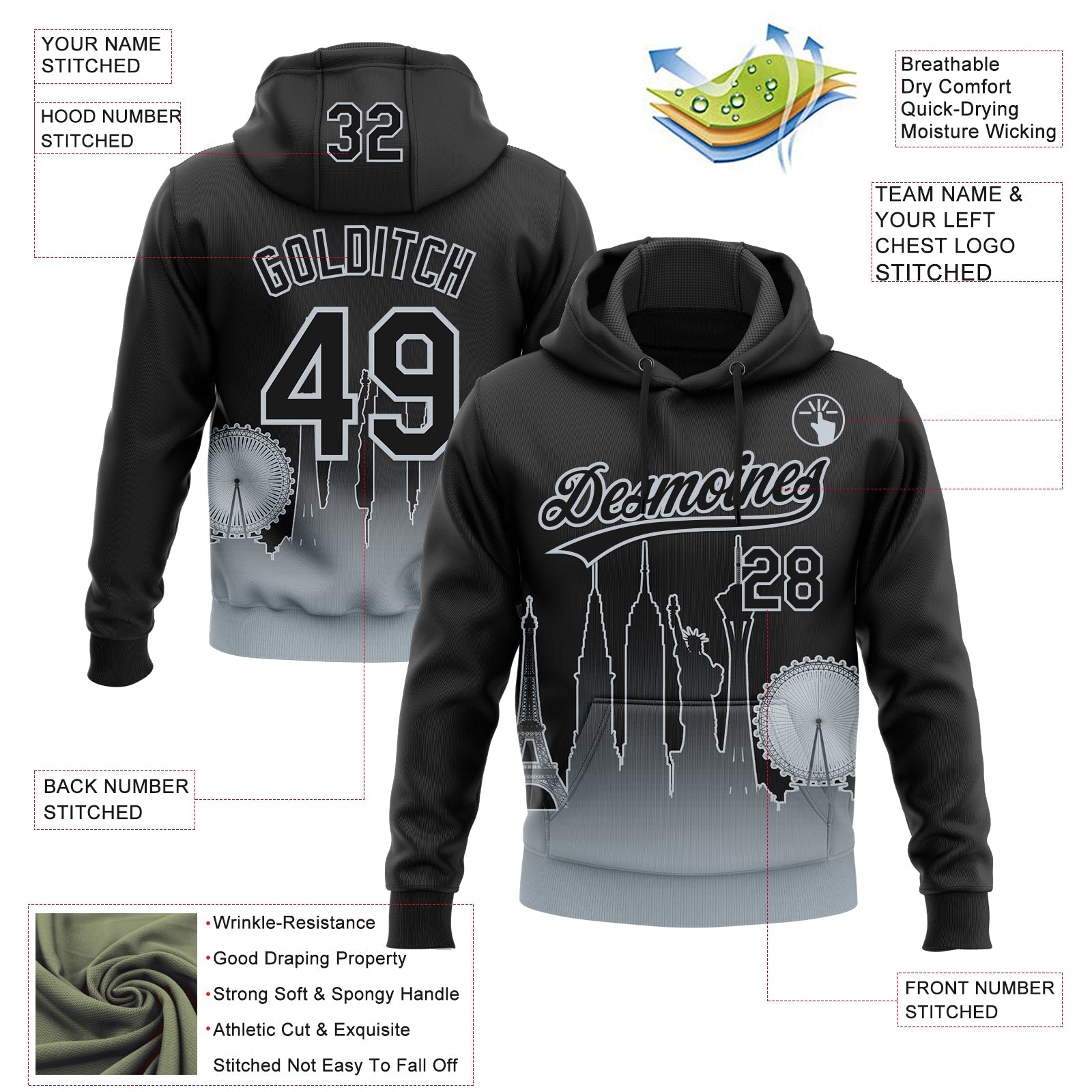 Custom Stitched Black Silver 3D Gradient Fashion Las Vegas City Edition Sports Pullover Sweatshirt Hoodie