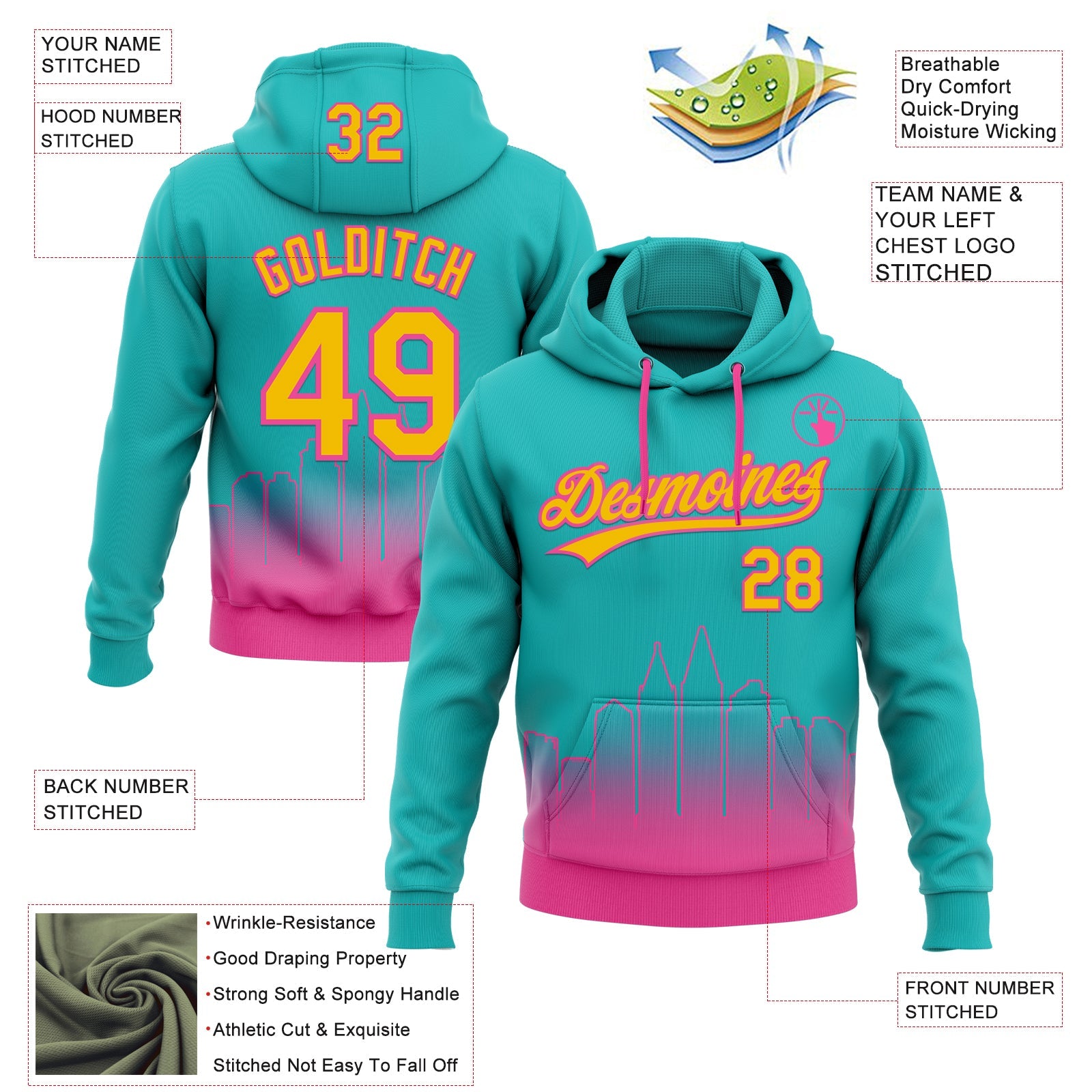 Custom Stitched Aqua Yellow-Pink 3D Gradient Fashion San Diego City Edition Sports Pullover Sweatshirt Hoodie