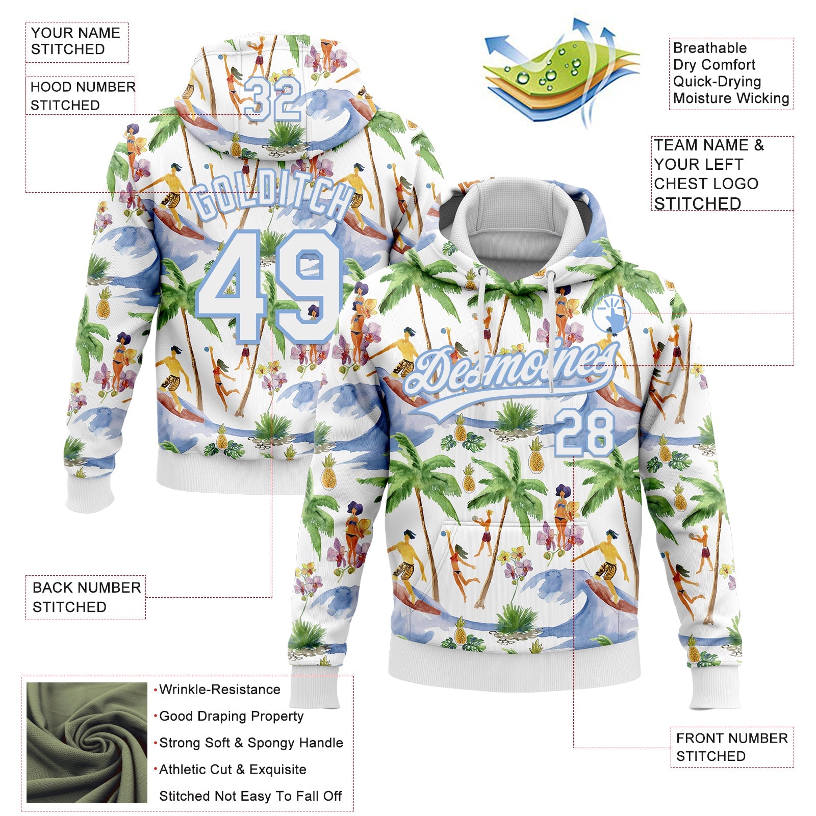 Custom Stitched White Light Blue 3D Hawaii Palm Trees Sports Pullover Sweatshirt Hoodie
