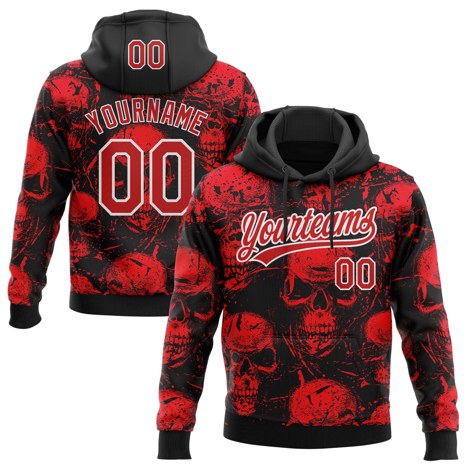 Custom Stitched Black Red-White 3D Pattern Design Halloween Skulls Sports Pullover Sweatshirt Hoodie