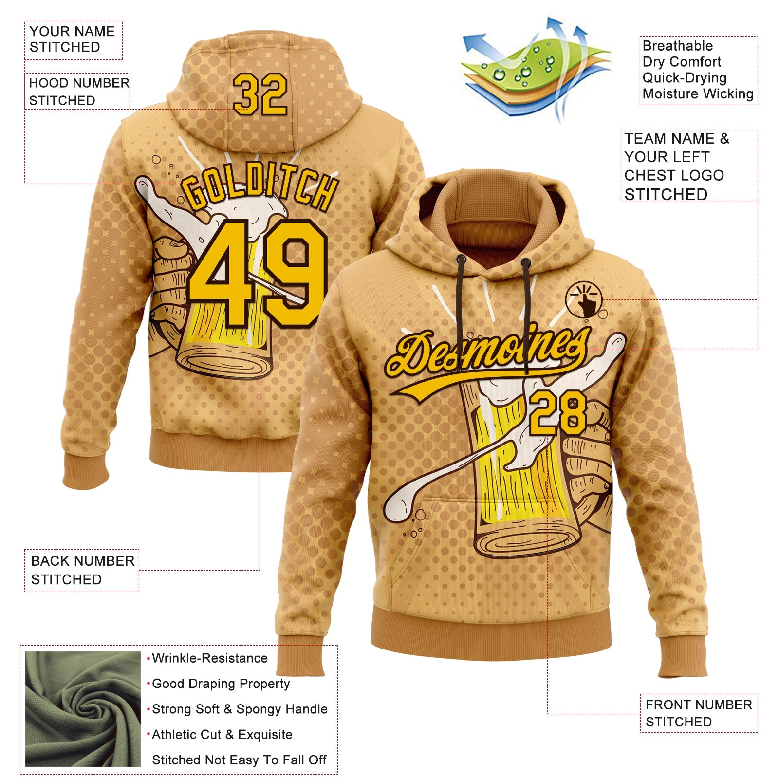 Custom Stitched Brown Yellow-Black 3D Pattern Design Let's Drink Beer Festival Sports Pullover Sweatshirt Hoodie
