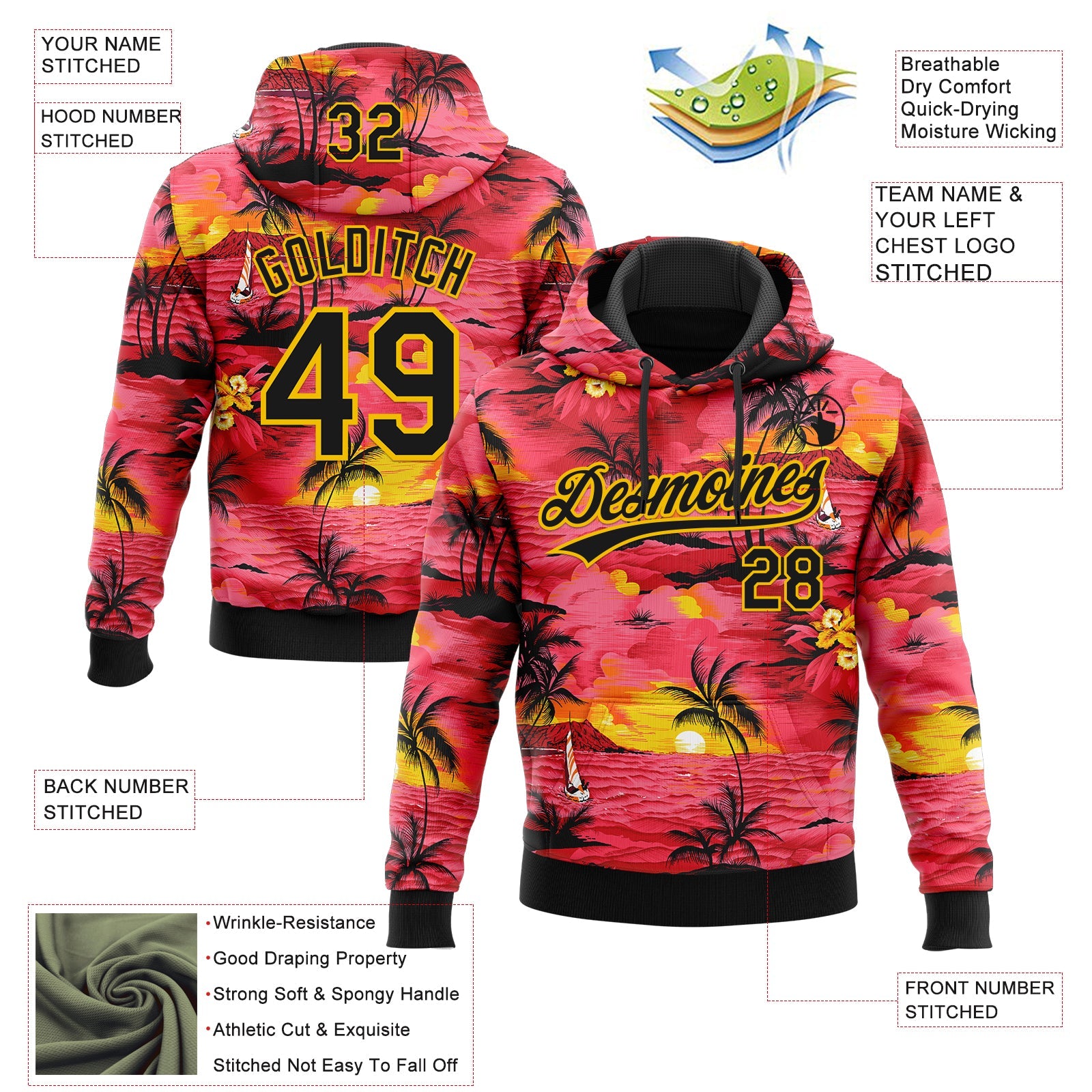 Custom Stitched Red Black-Yellow 3D Sun Beach Hawaii Palm Trees Sports Pullover Sweatshirt Hoodie