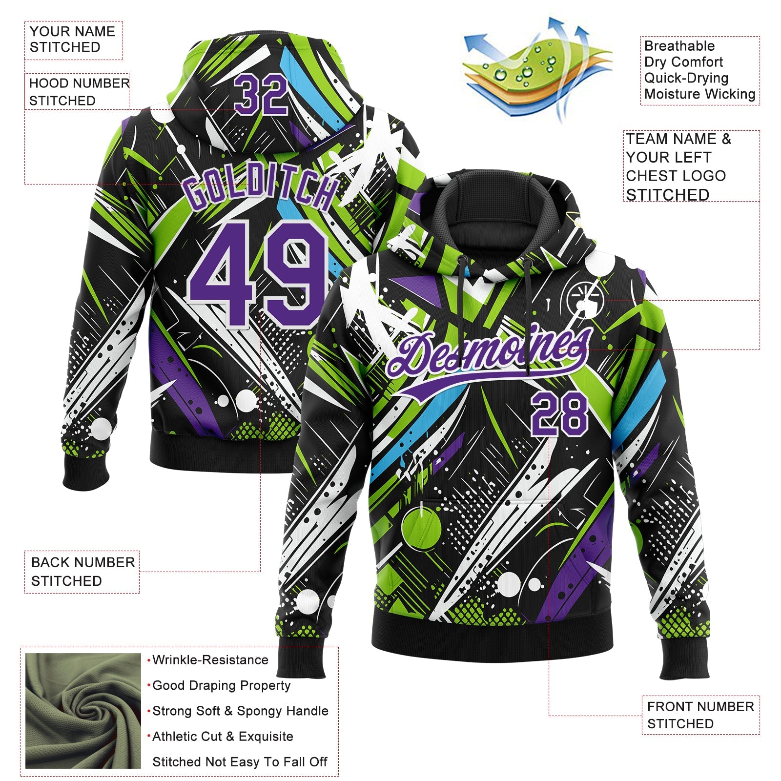 Custom Stitched Graffiti Pattern Purple-White 3D Abstract Splatter Sports Pullover Sweatshirt Hoodie