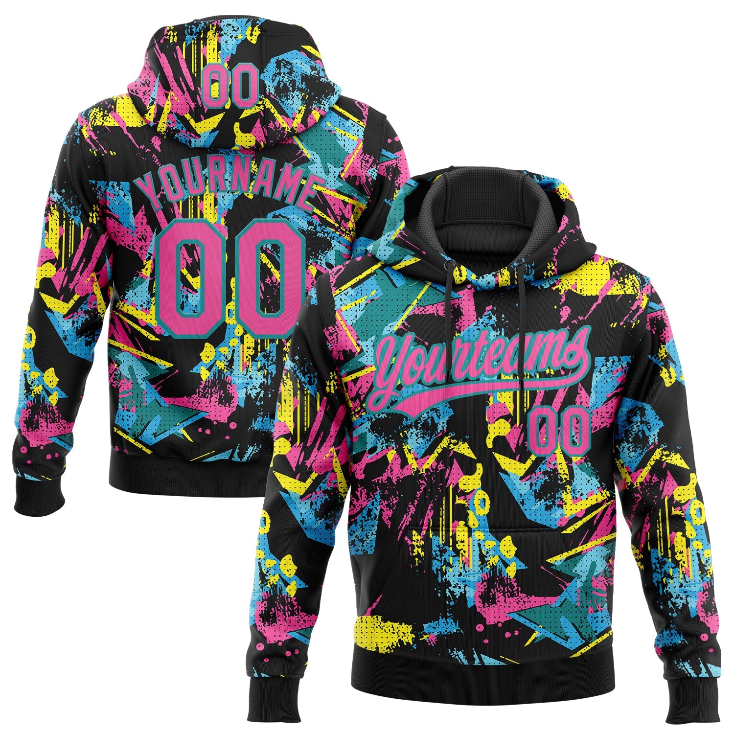 Custom Stitched Graffiti Pattern Pink-Teal 3D Abstract Splatter Sports Pullover Sweatshirt Hoodie