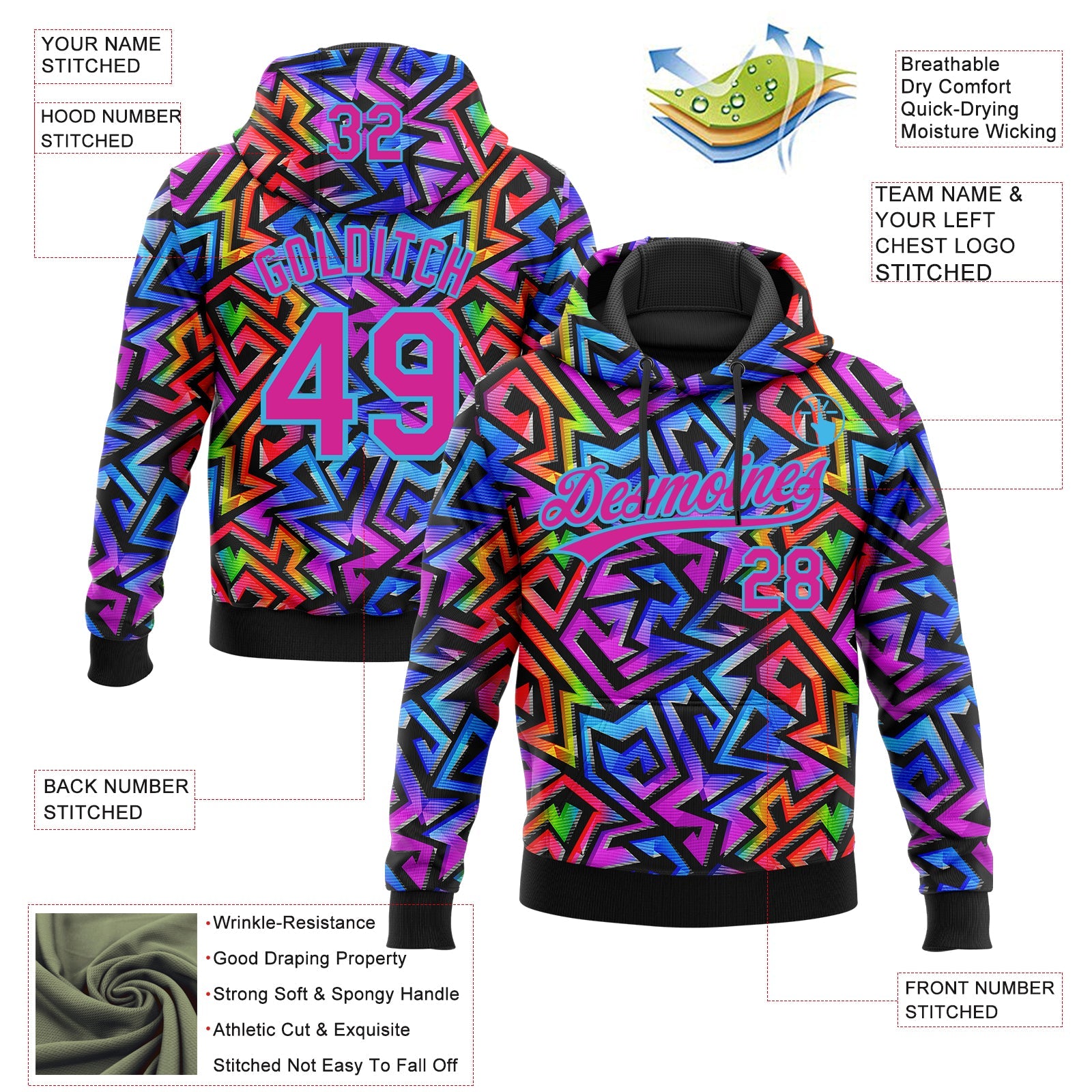 Custom Stitched Graffiti Pattern Hot Pink-Sky Blue 3D Abstract Geometric Sports Pullover Sweatshirt Hoodie