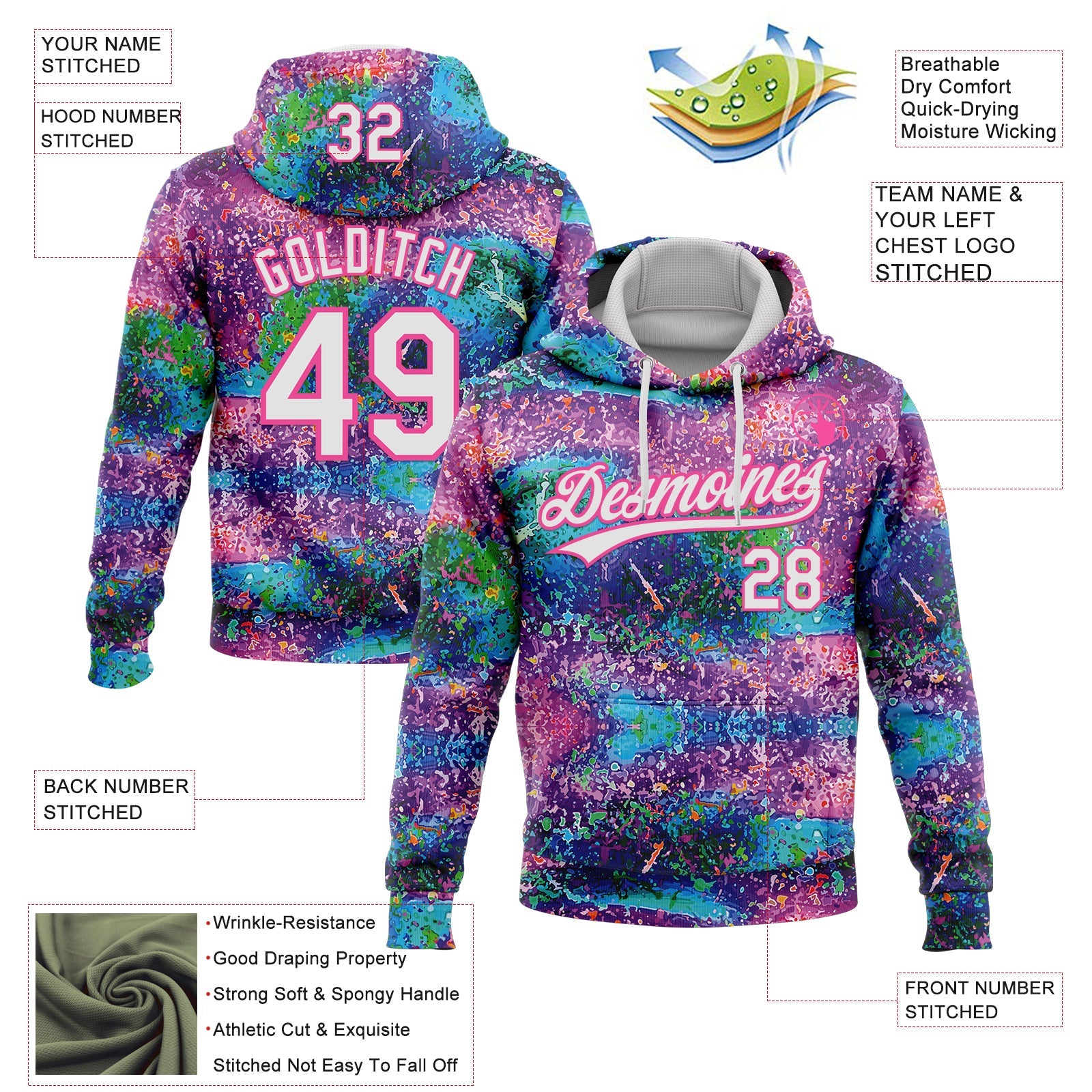 Custom Stitched Graffiti Pattern White-Pink 3D Abstract Splatter Sports Pullover Sweatshirt Hoodie