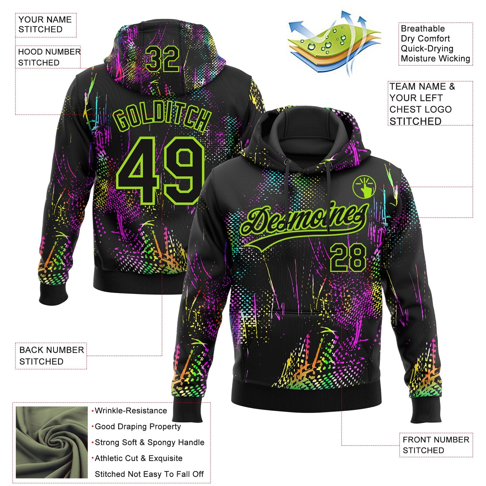 Custom Stitched Black Neon Green 3D Pattern Design Abstract Neon Street Style Sports Pullover Sweatshirt Hoodie