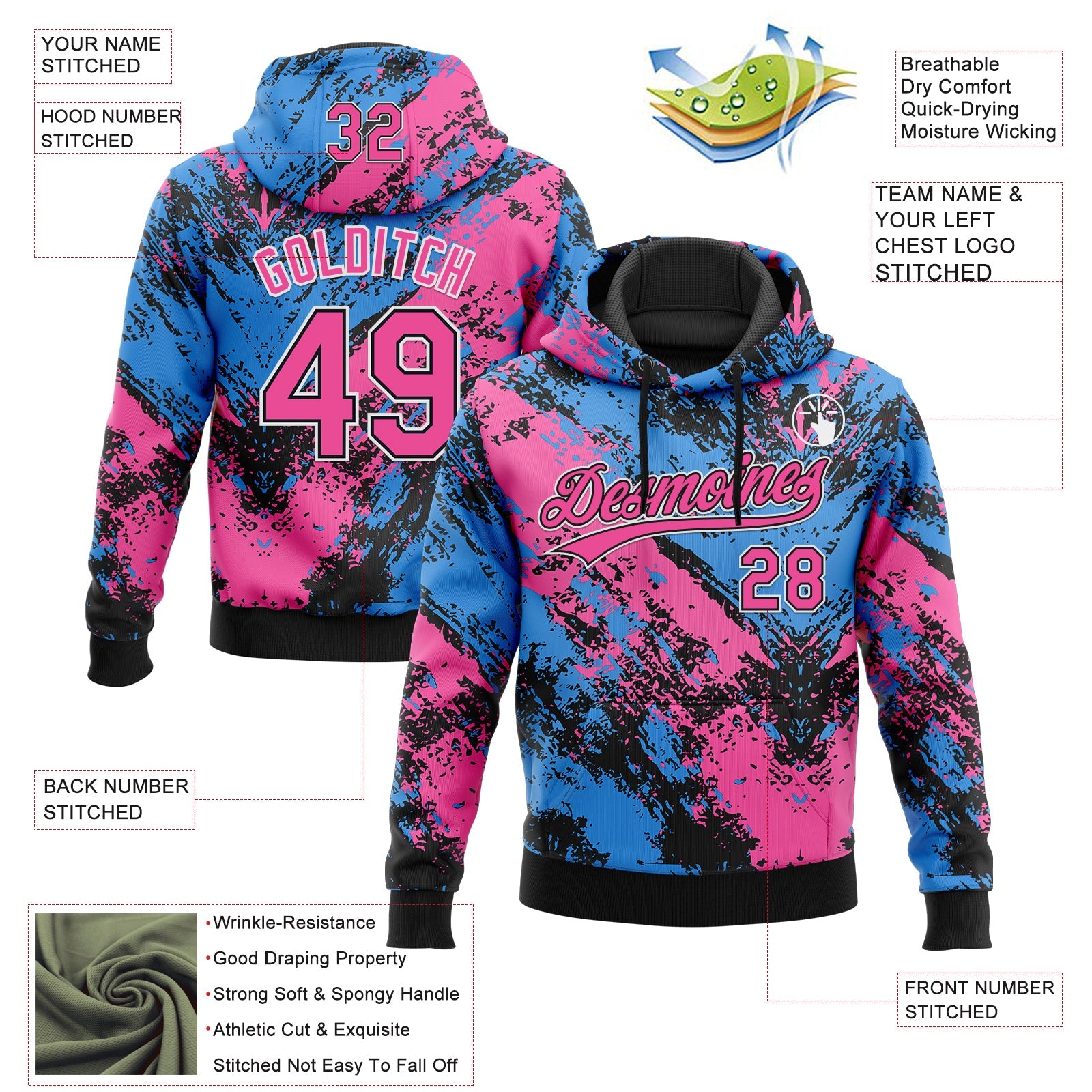 Custom Stitched Black Pink Powder Blue-White 3D Pattern Design Abstract Splatter Sports Pullover Sweatshirt Hoodie