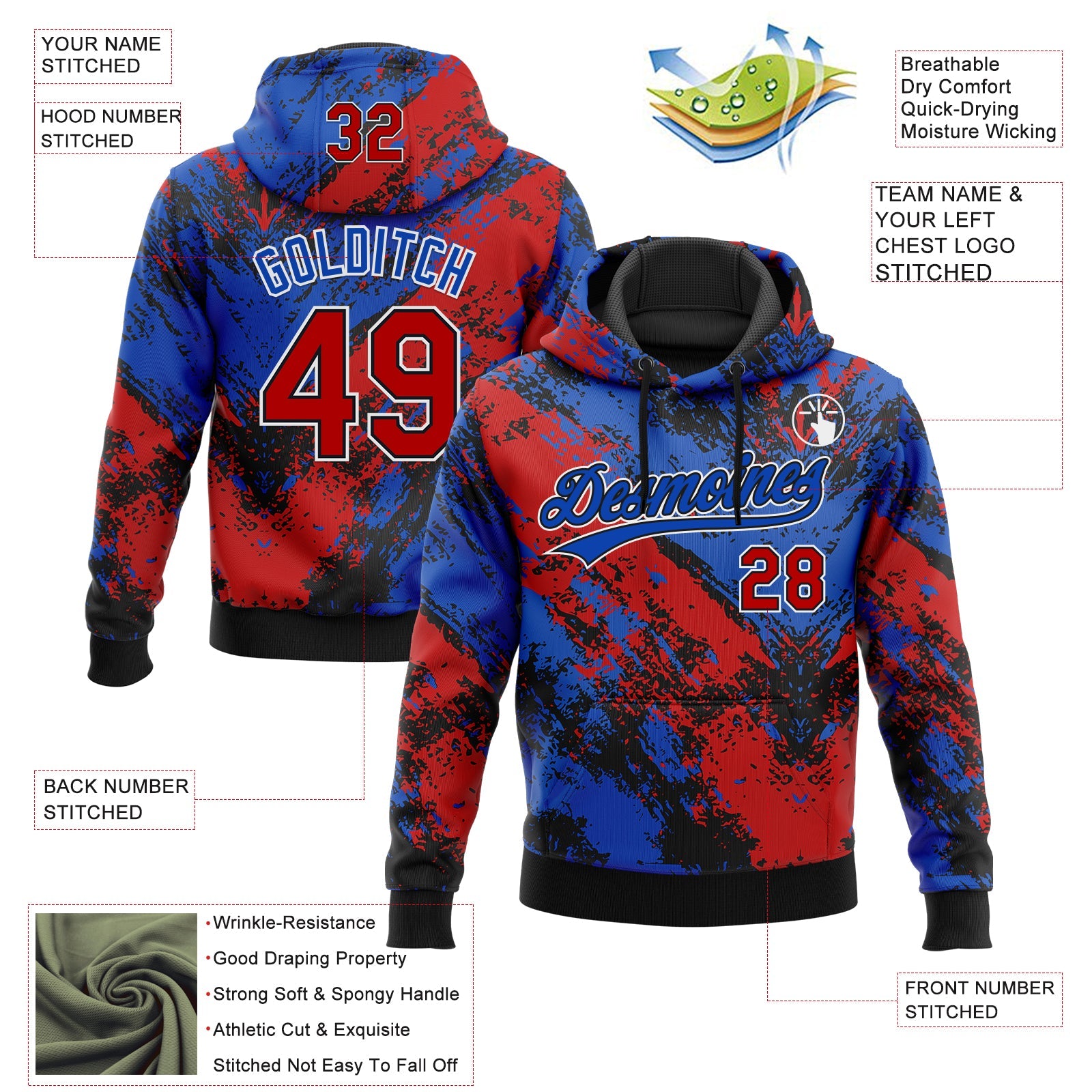 Custom Stitched Black Red Thunder Blue-White 3D Pattern Design Abstract Splatter Sports Pullover Sweatshirt Hoodie