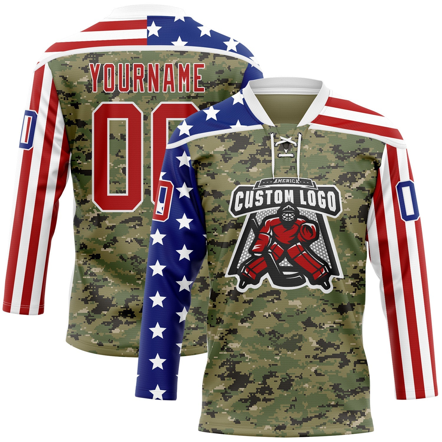 Custom Camo Red Royal-White American Flag Camouflage Hockey Lace Neck Jersey