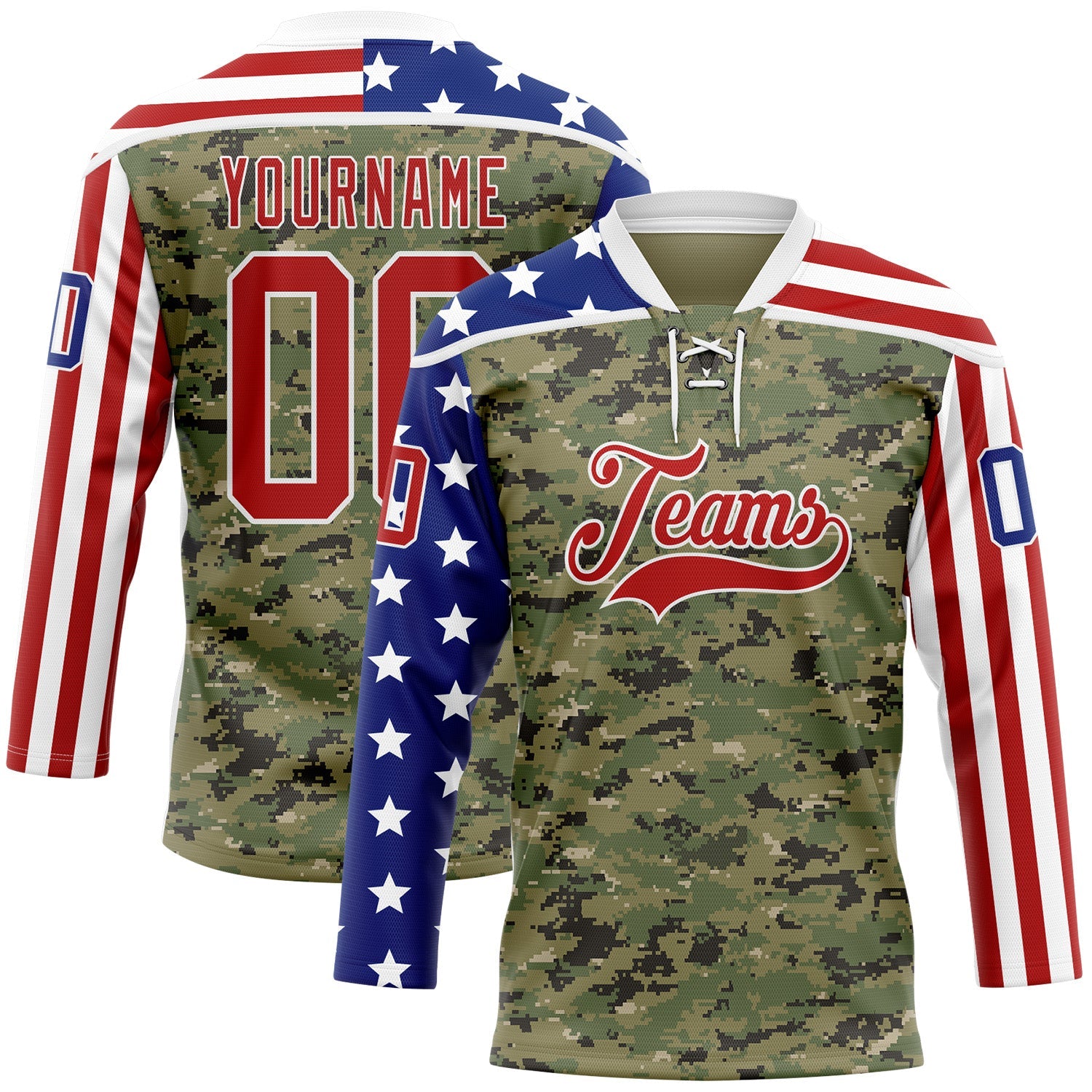 Custom Camo Red Royal-White American Flag Camouflage Hockey Lace Neck Jersey