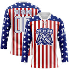 Custom White Red-Royal American Flag Hockey Lace Neck Jersey