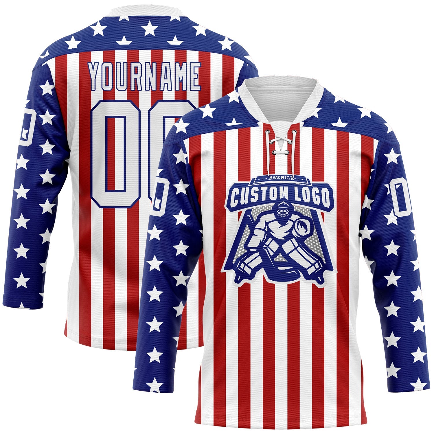 Custom White Red-Royal American Flag Hockey Lace Neck Jersey