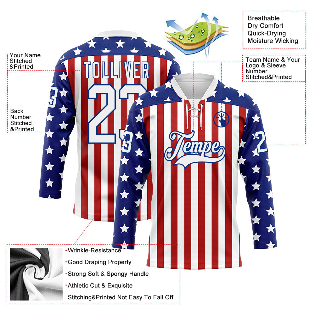 Custom White Red-Royal American Flag Hockey Lace Neck Jersey