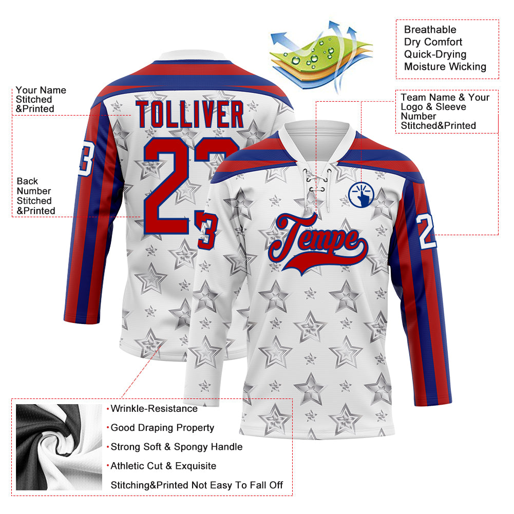 Custom White Red-Royal American Flag Hockey Lace Neck Jersey