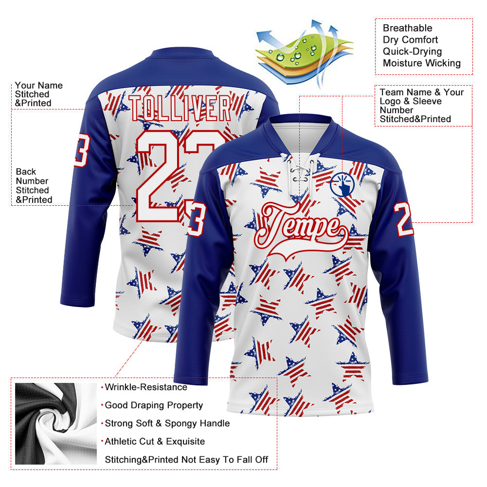 Custom White Royal-Red American Flag Hockey Lace Neck Jersey