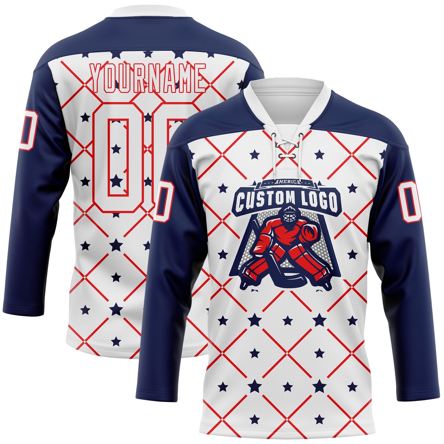 Custom White Navy-Fire Red American Flag Hockey Lace Neck Jersey